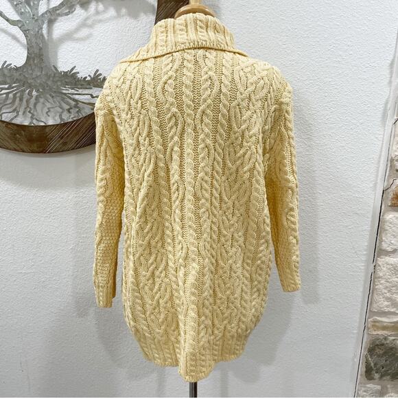 Aran Crafts Cableknit Irish Merino Wool Shawl Collar Cardigan Sweater Yellow - Picture 4 of 7
